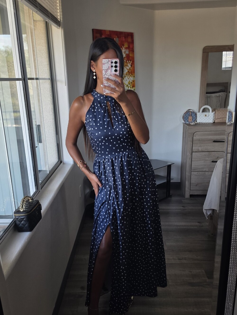 Sleeveless Navy Polka Dot Halter Maxi Dress